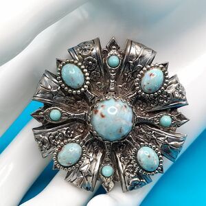 Vintage Silver Tone Faux Turquoise Brooch Pin